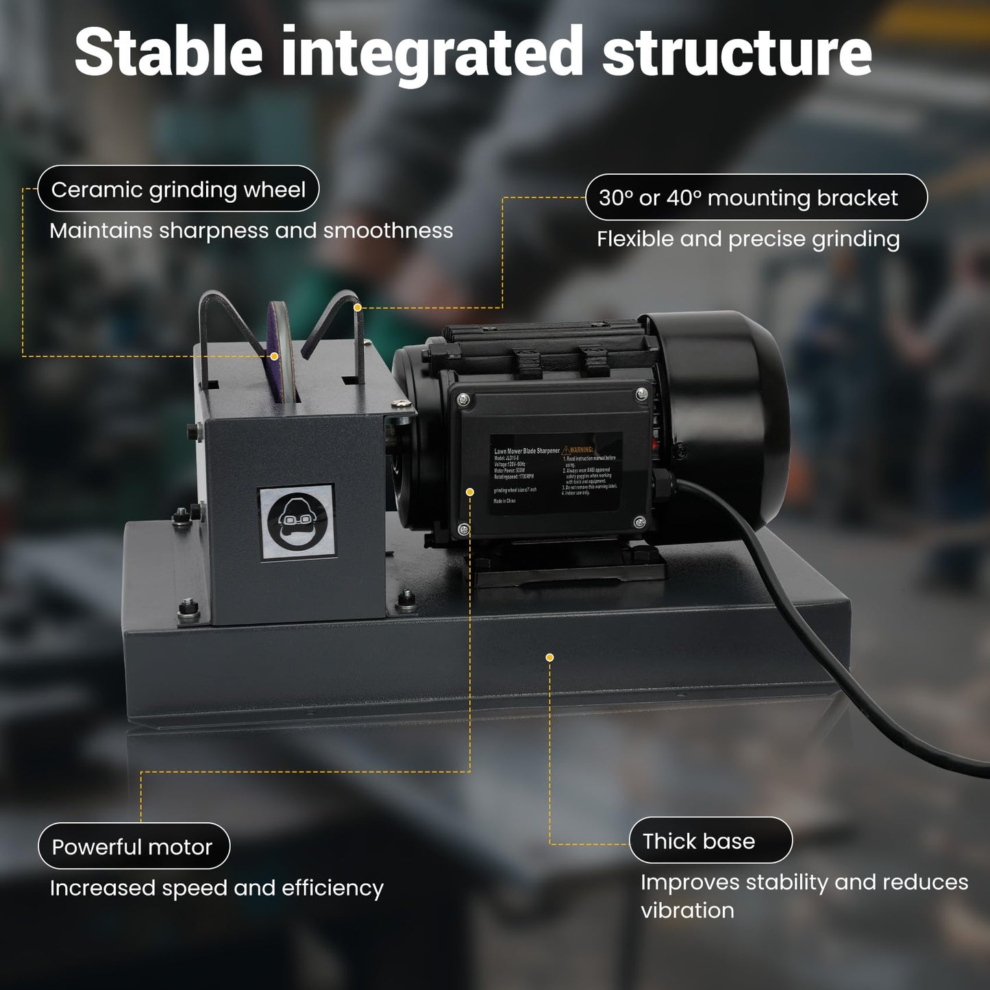 Lawn Mower Blade Bench Grinder,2/3HP 500W Lawn Blade Sharpener, Electric Lawn Mower Blade Sharpeners with 30° 40° Adjustable Brackets, 7 Inch Ceramic Sandpaperfor High/Low Lift, Gator, Flat Blades