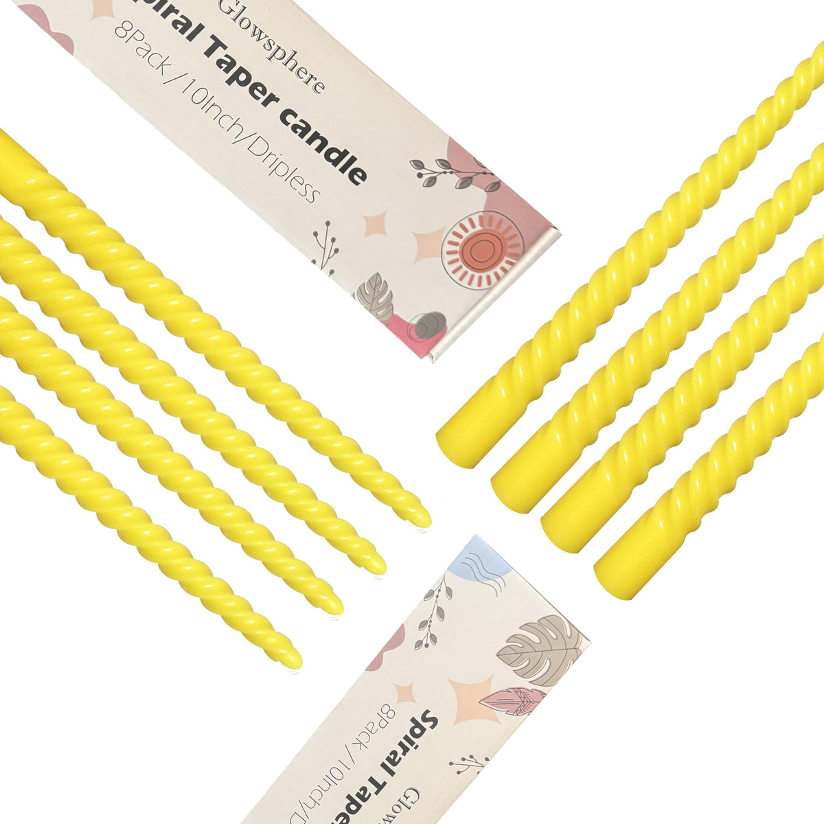 8 Pack 10 Inch Yellow Spiral Taper Candle Set, 7/8 Inch Unscented Driples Candlesticks for Home Decoration, 6-7 Hours Burn