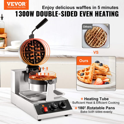 VEVOR Commercial Waffle Maker, 1300W Round Waffle Iron, Non-Stick Rotatable Waffle Baker Machine With 122-572℉ Temp Range and Time Control, Teflon-Coated Baking Pan Stainless Steel Body 110V