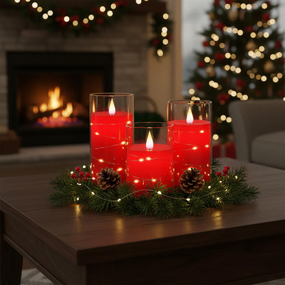 Homemory Flickering Flameless Candles with String Lights, Battery Operated Candles, Embedded String Lights LED Candles, Unbreakable Plexiglass Candle with Remote, Set of 3, Red