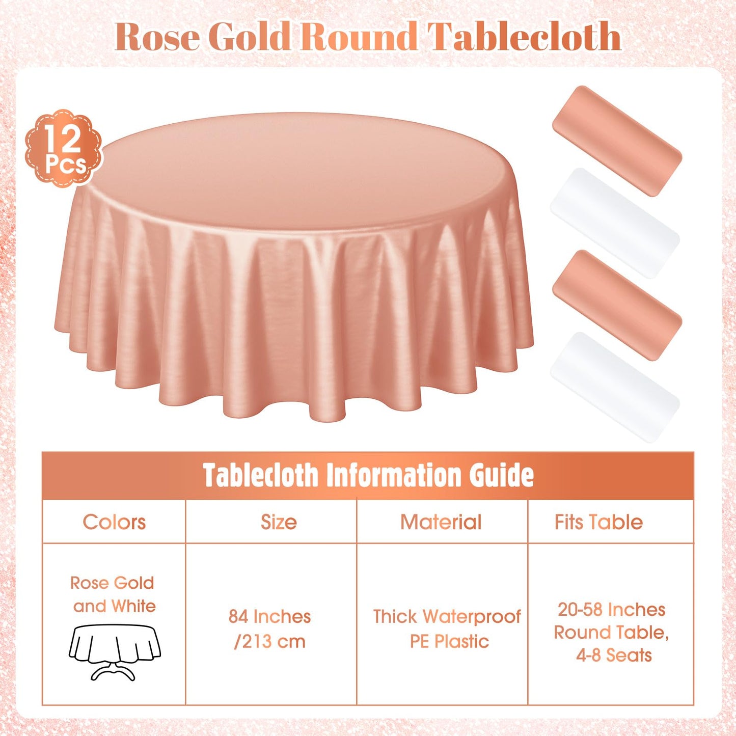 Buryeah 12 Pcs 84 Inch Rose Gold and White Round Plastic Disposable Table Cloth Waterproof Tablecloth Circle Table Covers for Bridal Wedding Birthday Party Gender Reveal Baby Shower