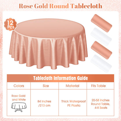 Buryeah 12 Pcs 84 Inch Rose Gold and White Round Plastic Disposable Table Cloth Waterproof Tablecloth Circle Table Covers for Bridal Wedding Birthday Party Gender Reveal Baby Shower
