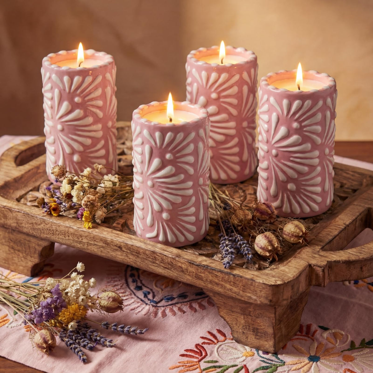 Lounsweer 4 Set Cielito Lindo Party Decorations Mexican Tequila Candle Talavera Mugs Candle for Fiesta Cinco De Mayo Birthday Bridal Shower Bachelorette May 5th Party Home Decor(Pink)