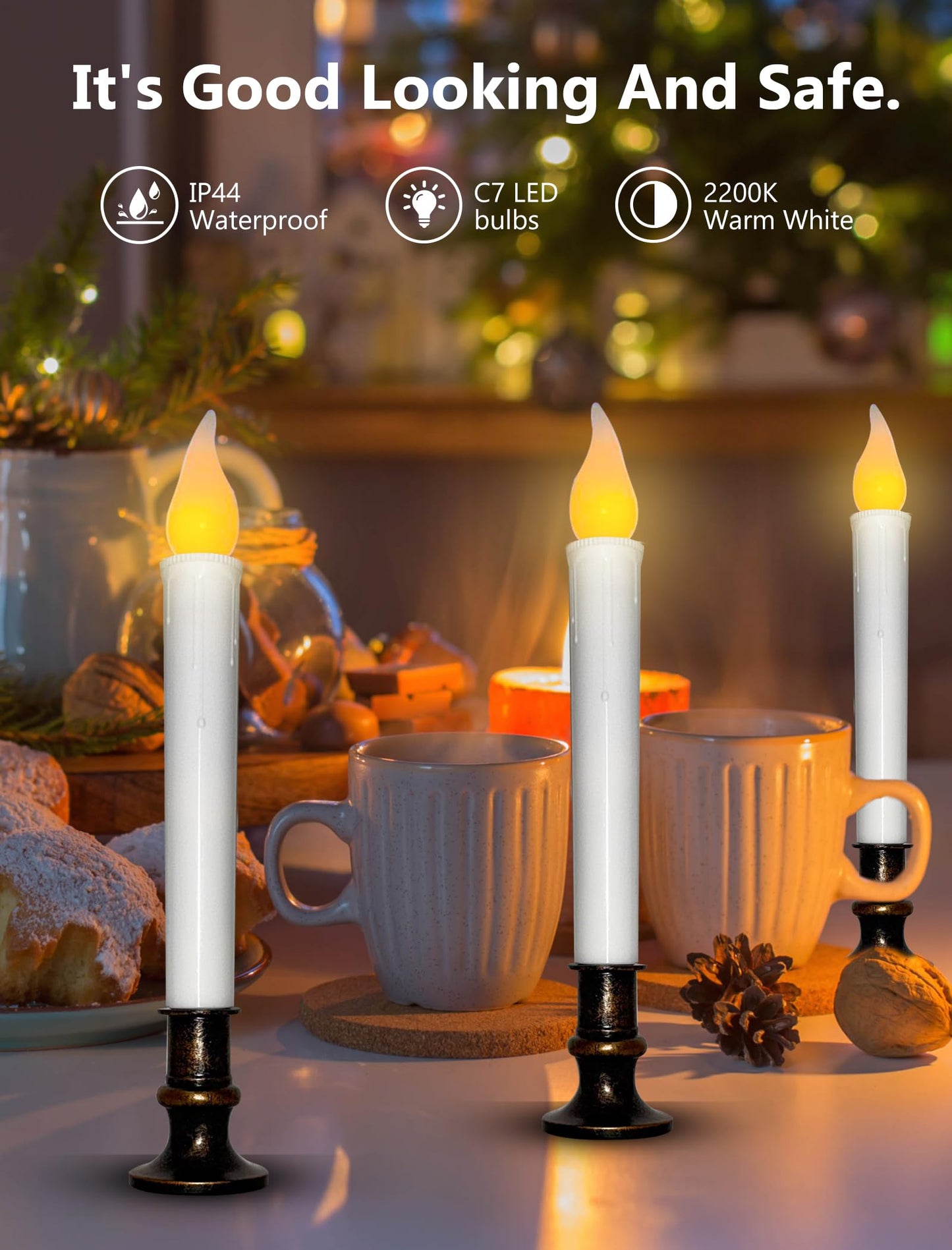 Xingzd 4 Pack Christmas Battery Operated LED Window Candles with Timer, 7.75" Teardrop Flameless Candle Lamp with 4 Suction Cups for Indoor Party Mantels Table Birthday Home Decor, Bronze