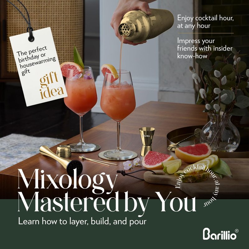 Barillio Gold Mixology Bartender Kit - 8 pcs Stainless Steel Travel Cocktail Shaker Set with Bag - Bar Tools Set with Martini Shaker, Drink Mixer Spoon & Mojito Muddler for Cocktails, Pourers & Jigger