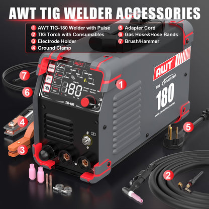AWT TIG Welder 180Amp with DC Pulse,Cold TIG Welder with Large LED Display 5-in-1 DC HF TIG/PULSE TIG/COLD/SPOT TIG/STICK,110V/220V Dual Voltage Cold TIG Welding Machine