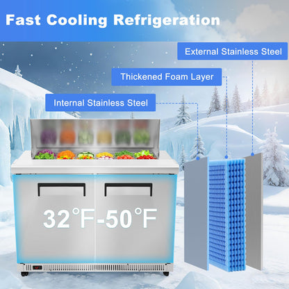 Tylza 48" Commercial Refrigerator, 12.7 Cu.Ft Sandwich Salad Prep Table, Mega Top Worktop Fridge w/ 12 Pans & Cutting Board, 2-Door Stainless Steel Salad Prep Cooler for Restaurant & Food Truck