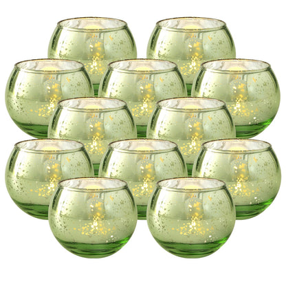 Volens Round Green Votive Candle Holders Set of 12, Green Wedding Centerpiece Table Decorations, Mercury Glass Tealight Candle Holder for Bridal Shower, Baby Shower & Home Decor