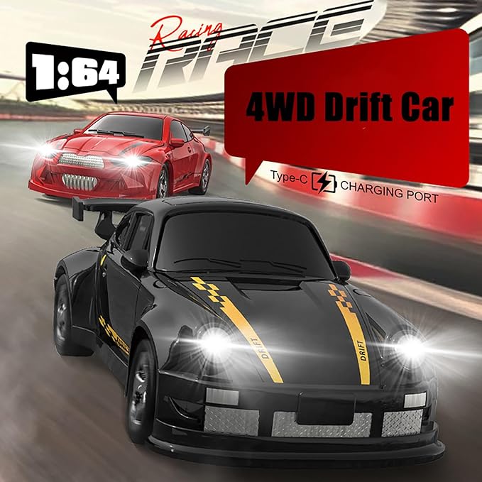 1:64 Scale Mini RC Drift Car 2.4GHz 4WD Full Proportional Model Vehicle with LED Lights Racing Sport Toy for Adults Teens (Black)
