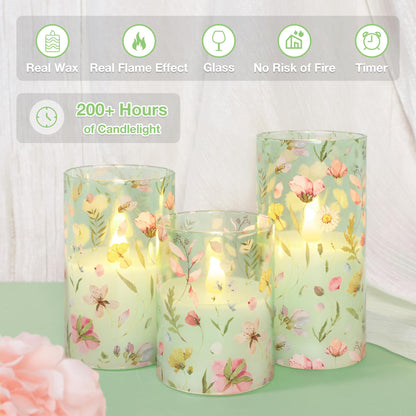 Silverstro Flameless Candles with Remote Timer, Glass Battery Operated LED Candles, Green Floral Design, Cylindrical Shape, Set of 3 for Home Party Wedding Decor