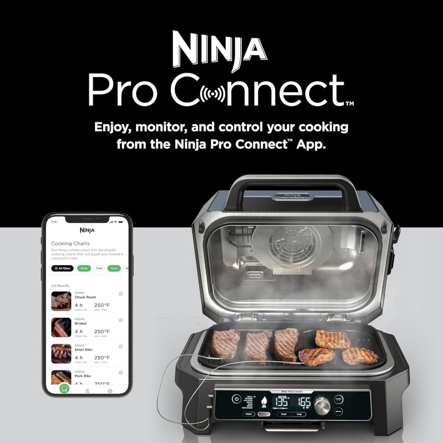 Ninja Woodfire Pro Connect XL Outdoor Grill & Smoker | Bluetooth, App Enabled | 7-in-1 Grill, BBQ Smoker, Outdoor Air Fryer | Woodfire Technology | Built-In Thermometer | Blue & Gold| OG951BL1