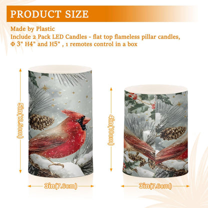 ALAZA Cardinals Perched Berry Flameless Candles Flickering LED Candles with Remote Timer Battery Operated Pillar Candles Set of 2 for Dinner Holiday Decor