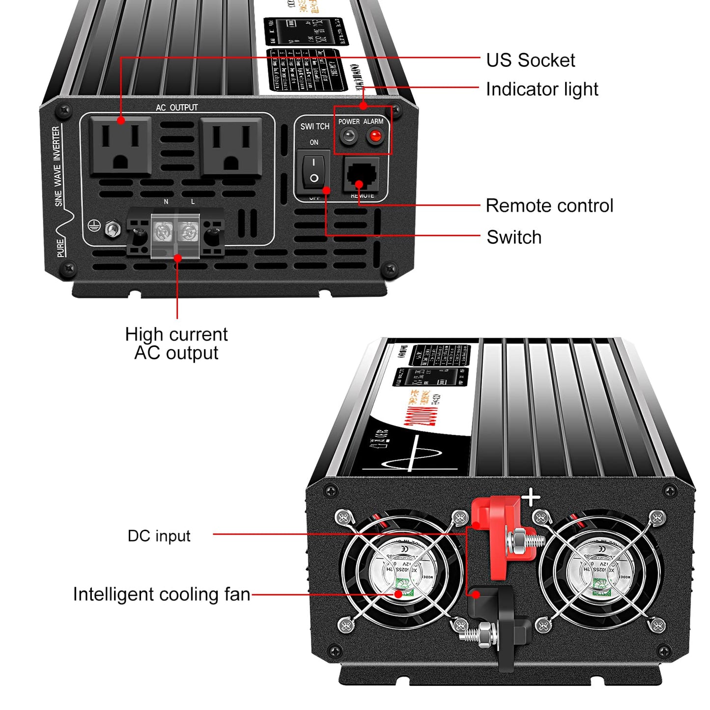 Xijia 2000W Pure Sine Wave Inverter，24V to 120V AC Converter for Home，Solar Systems，Remote and Bluetooth Control for Truck，Camping，with 2 20A AC Socket，Surge Power 4000W