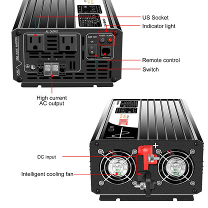 Xijia 2000W Pure Sine Wave Inverter，24V to 120V AC Converter for Home，Solar Systems，Remote and Bluetooth Control for Truck，Camping，with 2 20A AC Socket，Surge Power 4000W
