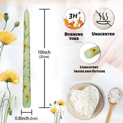 Floral Taper Candles 10 Inch Tall Unscented Handmade Light Green Corn Poppy Print Long Burning Elegant Candlesticks for Wedding Dinner Home Decor