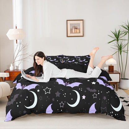 Halloween Bat Duvet Cover Set King Size Cute Moon Starry Night Sky Bedding Set 3Pcs Purple Black White Comforter Cover for Kids Girls Boys Room Decor Kawaii Cartoon Animal Quilt Cover,2 Pillowcases