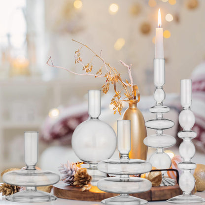 Rtteri 5 Pcs Glass Candlestick Holders Colorful Glass Taper Candle Stand Groovy Candlestick Wavy Boho Chic Clear Bases Holders Elegant Vase for Home Party Centerpiece(Clear)