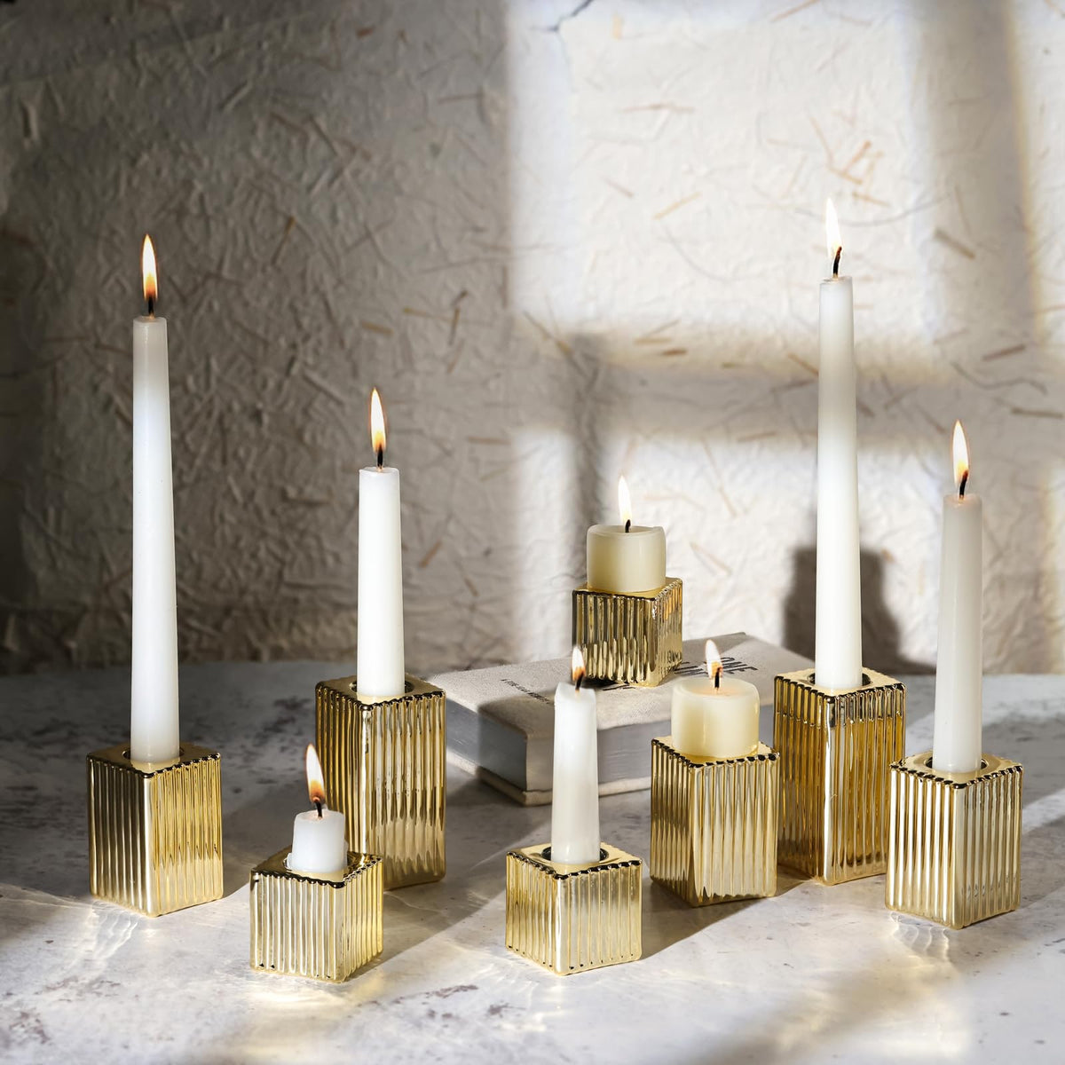 LETINE 14" Tall Hurricane Candle Holders with Gold Ribbed Taper Candle Holders Set of 3– Bulk Windproof Taper Candle Hurricane Glass for Outdoor&Indoors Wedding Centerpiece, Event & Home Decor