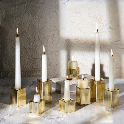 LETINE 14" Tall Hurricane Candle Holders with Gold Ribbed Taper Candle Holders Set of 9– Bulk Windproof Taper Candle Hurricane Glass for Outdoor&Indoors Wedding Centerpiece, Event & Home Decor