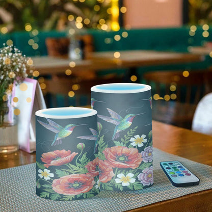 ALAZA Hummingbirds and Flowers Poppies Flickering Flameless Candles Battery Operated with Remote Timer,Tea Light Candles LED Pillar Votive Candles Set of 2 for Outdoor Indoor Decorations
