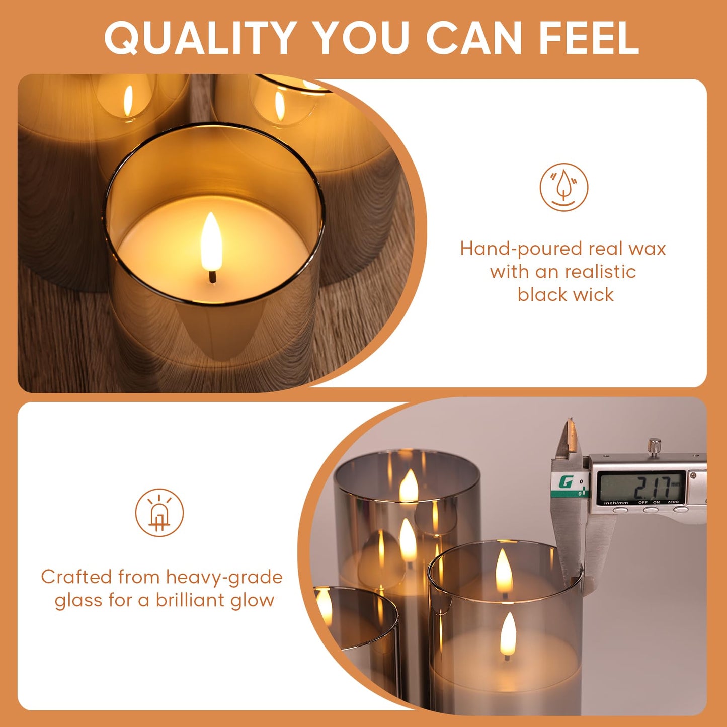 Eywamage Smoke Grey Glass Flameless Pillar Candles with Remote, Flickering LED Battery Candles Table Decor Set of 3