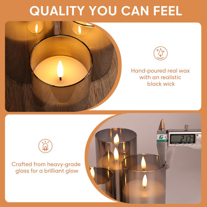 Eywamage Smoke Grey Glass Flameless Pillar Candles with Remote, Flickering LED Battery Candles Table Decor Set of 3