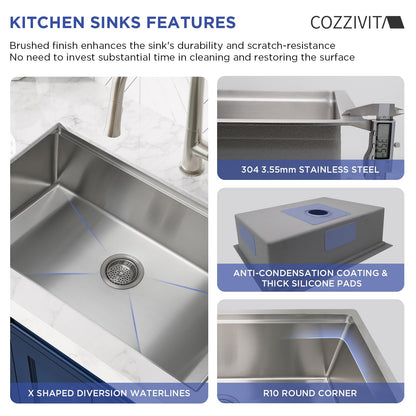 Cozzivita 32in Undermount Workstations Kitchen Sinks - 11 Gauge Stainless Steel Sink 10inch Deep Worktation Sink with Cutting Board and Accessories