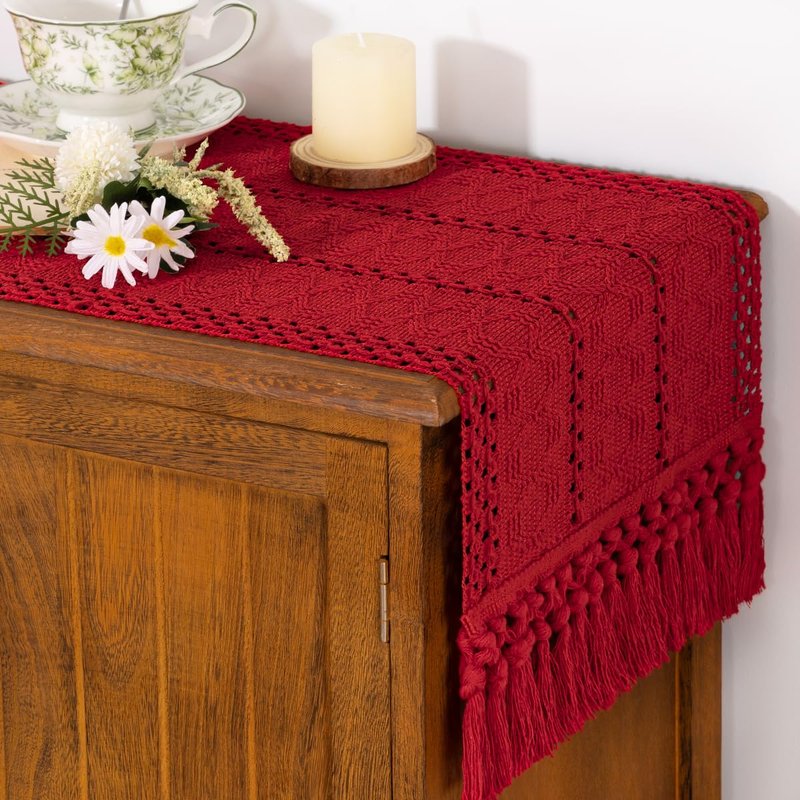 Socomi Boho Table Runner Easter Spring Farmhouse Rustic Dining Kitchen Centerpiece Decor Small Macrame Woven Cotton Linen Coffee Table Runner for Dresser Scarf Home Decor 12x60 in Red