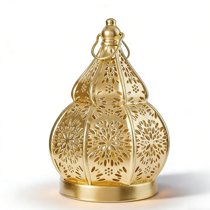 1pcs Iron Gourd Hollow Candle Holder Projection Ambient Decor for Home Garden Courtyard Decorative Ornament (Gold)