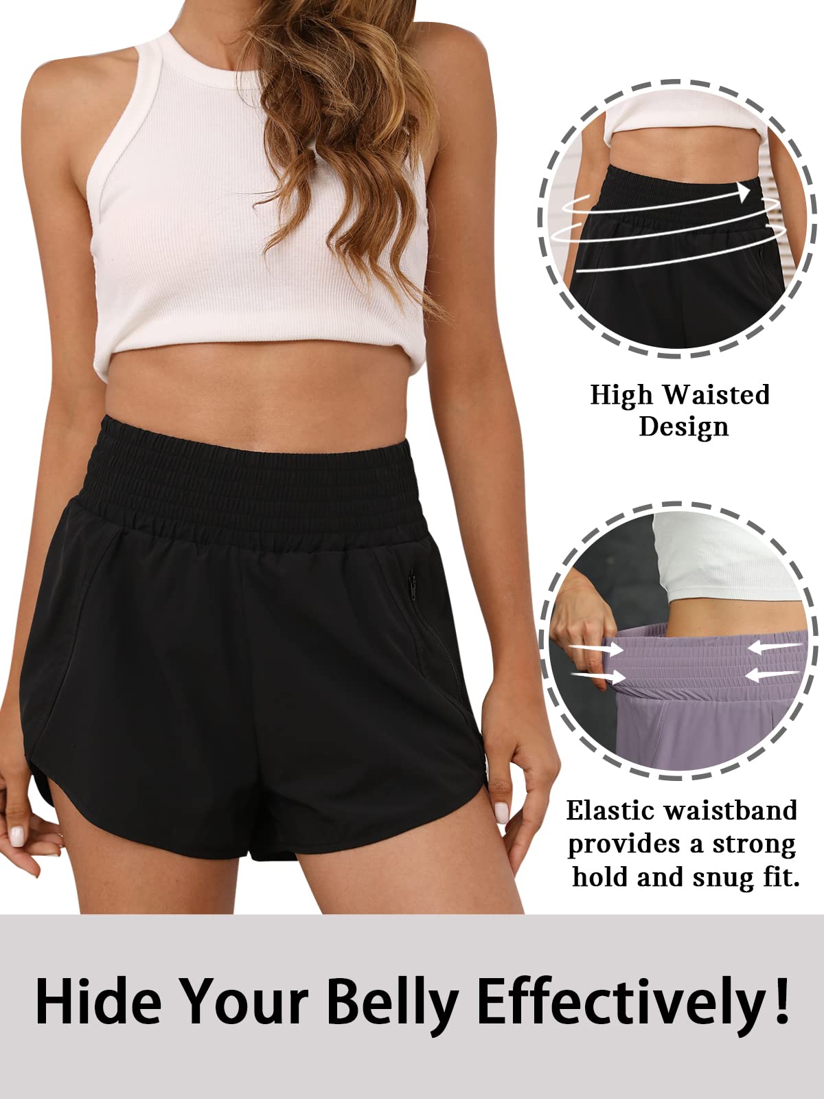 BMJL Women's Athletic Shorts High Waisted Running Short Pocket 2.5" Sporty Shorts Gym Elastic Workout Shorts(L,Black)