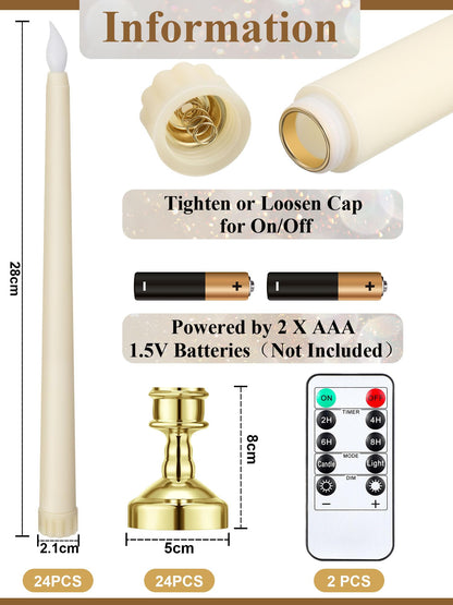 VIHOSE 24 Pcs Flameless Taper Candles with Holders Remote Timer Battery Operated Candles Bulk LED Candlesticks Flickering for Valentines Wedding Home Window Carnival Party Decor(Gold,Classic Style)