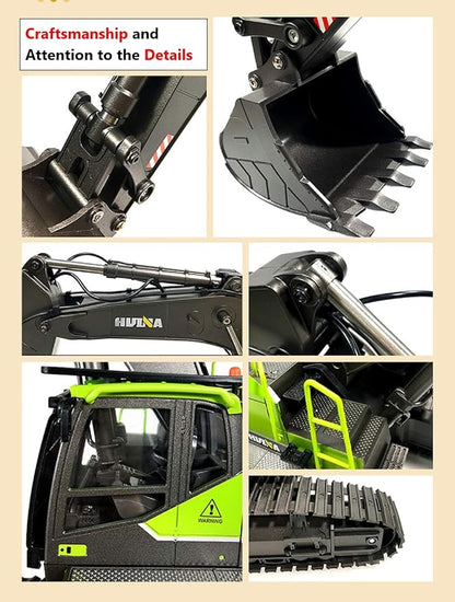 RC Excavator for Adults Huina 1593 Fully Functional 1:14 Toy 28 Channel Remote Control Truck Construction Vehicle Metal Bucket LED Lights Simulating Sounds 2 Batteries and Gripper 2026 Model