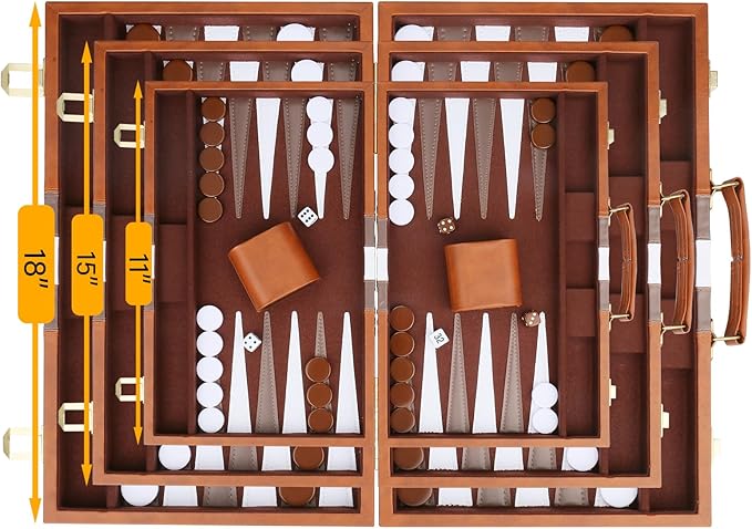 Backgammon Set - Classic Board Game with Premium Leather Case - Portable Travel Strategy Backgammon Game Set for Adults Kids (18inch Brown)