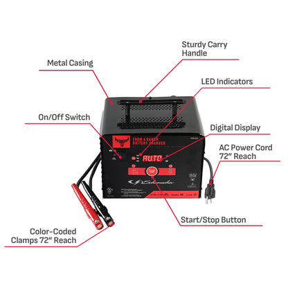 Schumacher Electric Farm & Ranch 6A Car Battery Charger and 200A Engine Starter, 4-in-1 Solution, Maintainer, 40A Boost, for 6V/12V Power Sport, Automotive, and Marine Batteries, FR01335