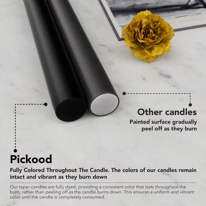 Pickood 10-Inch Tall Unscented Dripless Taper Candles Bulk 30 Pack - Black Taper Candles Bulk, Perfect for Wedding, Dinner - Smokeless, 6-8 Hour Long Burning - Colored Candlesticks Bulk - Black