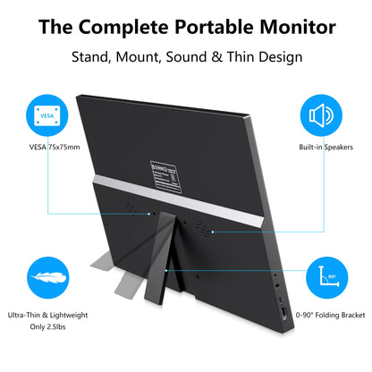 Thinlerian 17.3 Inch Portable Monitor 1600x900 HD Resolution with USB-C HDMI Dual Speakers, External Display Second Screen for Laptop PC Phone, Travel, Office