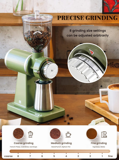 Huanyu Electric Coffee Bean Grinder 250G Automatic Burr Grinder Green and Huanyu Commercial Coffee Grinder with 64mm Flat Burr Anti-Flying Grounds Outlet 26oz Lotus Hopper Bundle