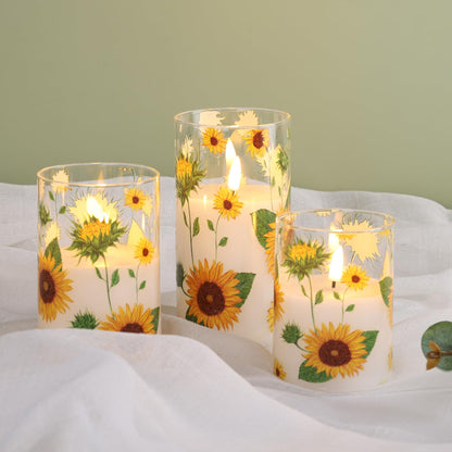 Eywamage Sunflower Glass Flameless Candles with Remote, Flickering Battery LED Pillar Candles Spring Home Table Decor Set of 3