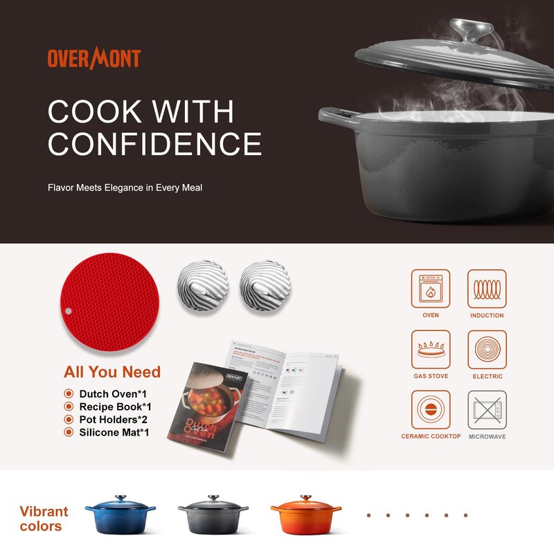 Overmont Enameled Cast Iron Dutch Oven - 5.5QT Pot with Lid Cookbook & Cotton Potholders - Heavy-Duty Cookware for Braising, Stews, Roasting, Sourdough Baking Grey