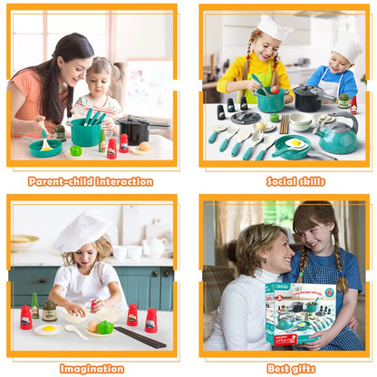 Bruvoalon 32Pcs Kids Play Kitchen Toys Set, Toddlers Pretend Cooking Playset Acccessories with Pots Pans, Utensils Cookware, Foods, Canned Veges, Learning Gift for Kids Girls Boys (Green)