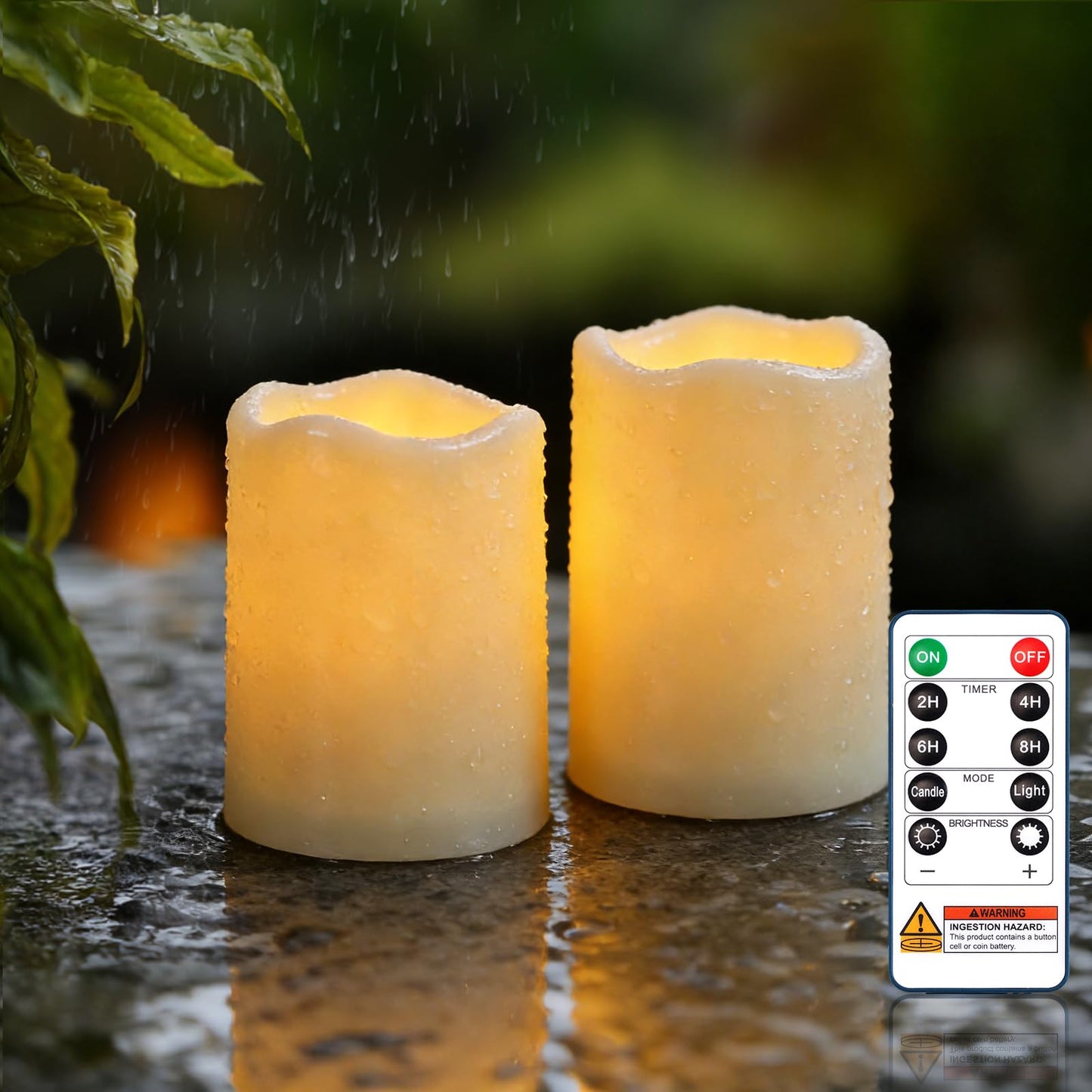 Raycare 3"x4" Outdoor Waterproof Flameless Candles, Battery Operated LED Electric Candles with Remote and Timers, Fake Pillar Candle for Patio, Porch, and Wedding Decor, Ivory, Set of 2