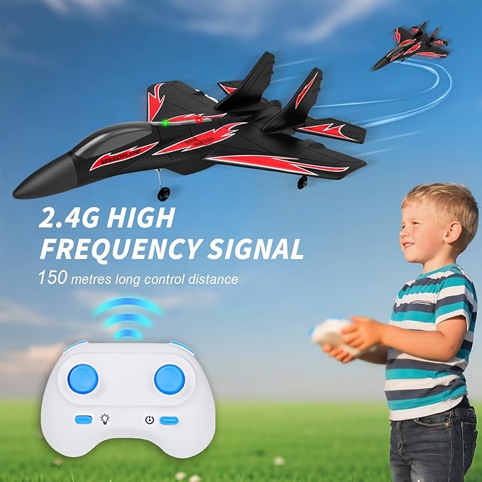 Foam Remote Control Wireless Airplanes RC Planes Remote Control Fighter Toys 2CH 2.4Ghz RC Fighter Jet with Light Hobby Rc Airplanes Easy to Fly for Kids Boys Adults(Black)
