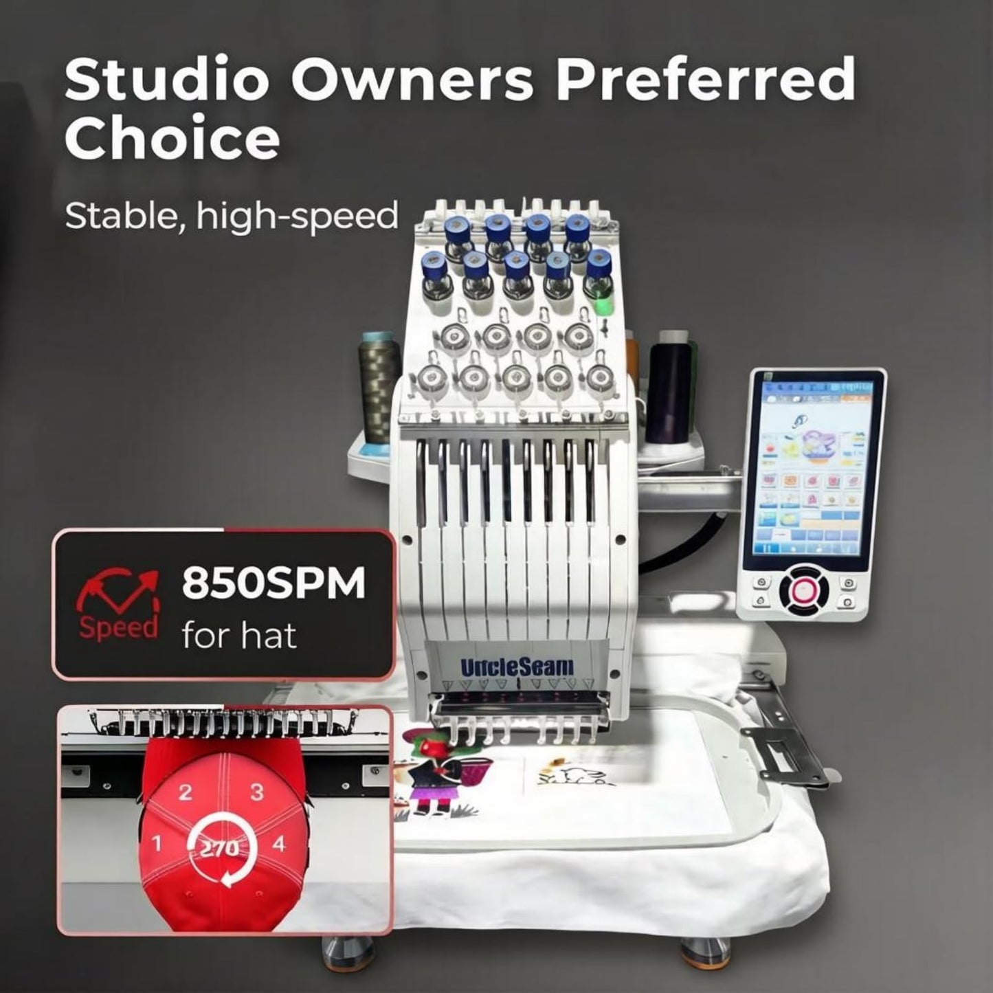 Compact Embroidery Machine with 9 Needles, 1200SPM Max Speed, 10“ Touch Screen, 8"x12" Embroidery Area, For Flat, Hat, T-shirt etc.