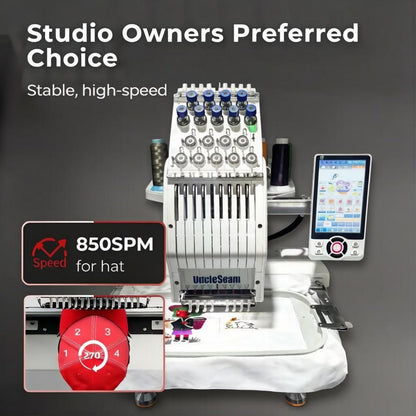 Compact Embroidery Machine with 9 Needles, 1200SPM Max Speed, 10“ Touch Screen, 8"x12" Embroidery Area, For Flat, Hat, T-shirt etc.