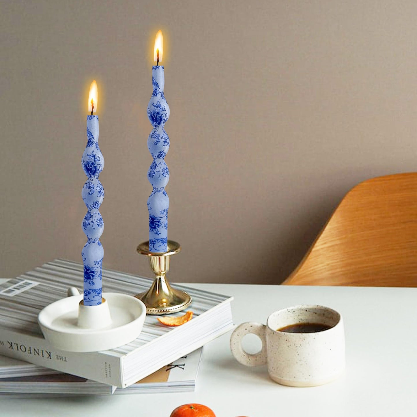 Flowers Printed Spiral Candles Unscented Blue Twisted Candlestick Smokeless Set of 2 Long Taper Candle 10 inch Twisted Candle Sticks Tapered Candles for Home Wedding Dinner Holiday Party