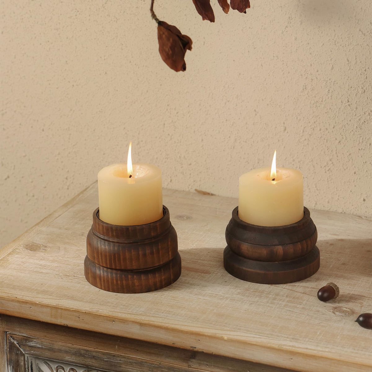 NIKKY HOME Farmhouse Wooden Pillar Candle Holders Set of 2, Rustic Solid Wood Candlesticks Pedestal Stand, Fireplace Mantle Table Centerpiece Decor, Brown