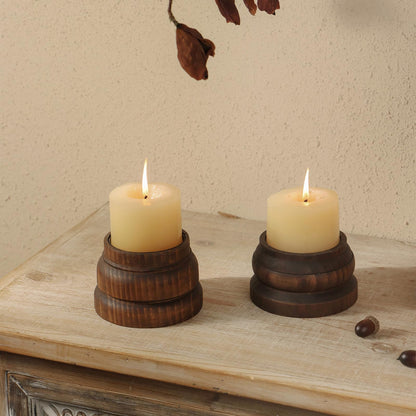 NIKKY HOME Farmhouse Wooden Pillar Candle Holders Set of 2, Rustic Solid Wood Candlesticks Pedestal Stand, Fireplace Mantle Table Centerpiece Decor, Brown