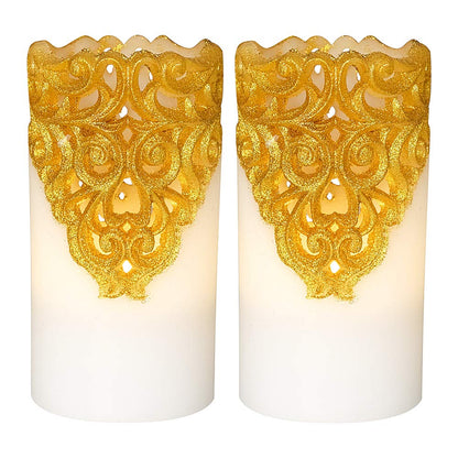 DRomance Hollow Gold Flameless Flickering Candles with 5H Timer, Battery Operated LED Pillar Candles Unscented Wax Warm Light Christmas Home Decoration(Set of 2, 3 x 6 Inches)