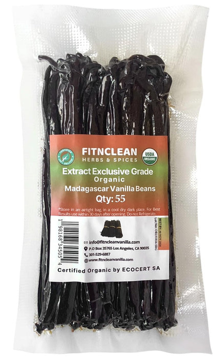 55 Organic Madagascar Vanilla Extract Exclusive Grade B Beans| 4" - 5" by FITNCLEAN VANILLA| Certified USDA Organic. Bulk Dry Whole Bourbon NON-GMO Pods