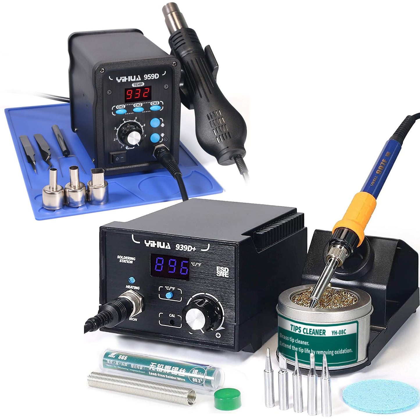 YIHUA 939D+ Professional Soldering Station bundle with YIHUA 959D-Digital Hot Air Rework Station and Accessories (18 Items)